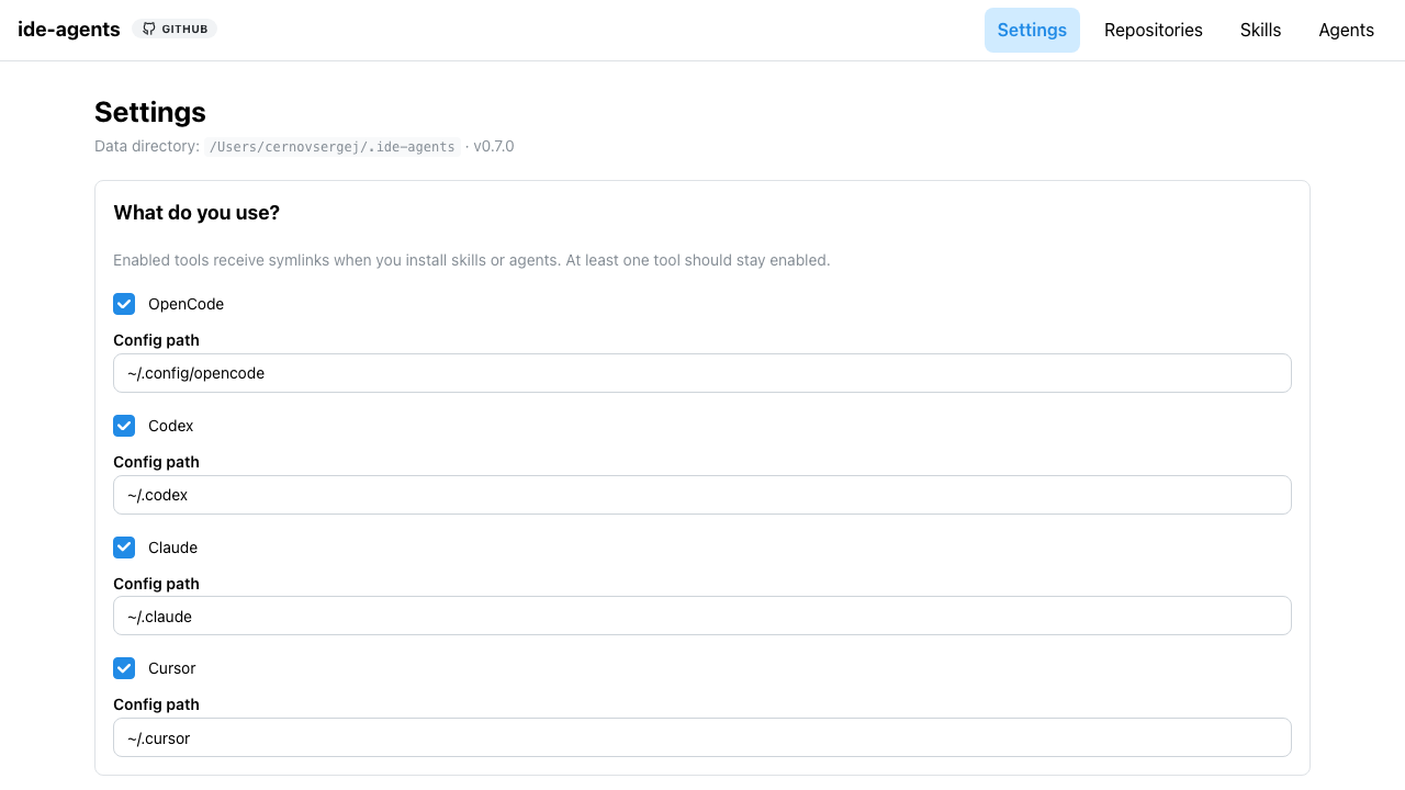 Settings — enabled IDEs and config paths
