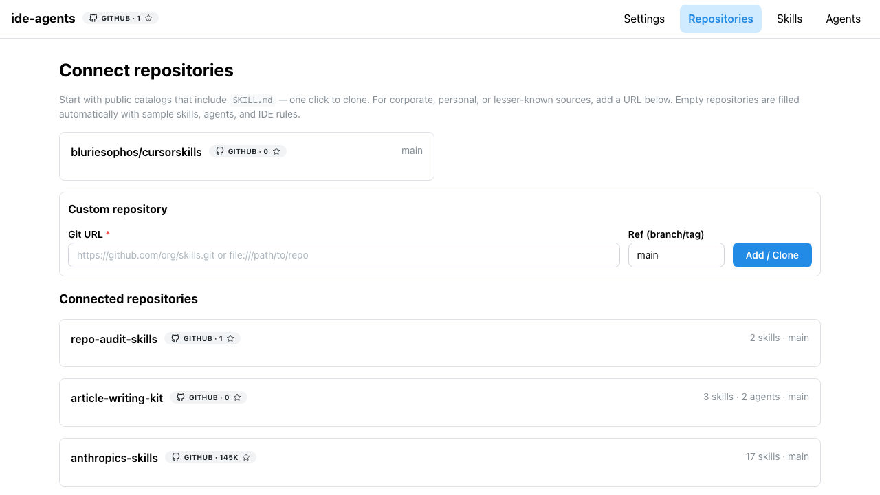 ide-agents Repositories — add and manage git skill catalogs