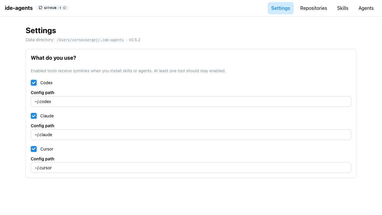 Settings page with IDE toggles and config paths